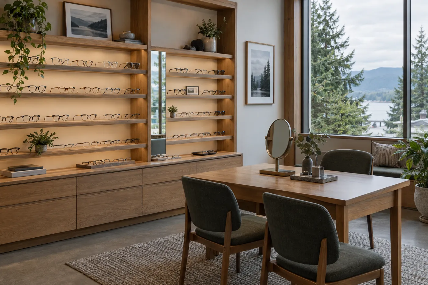 A bright optical shop with eyeglass frames displayed on wood shelves