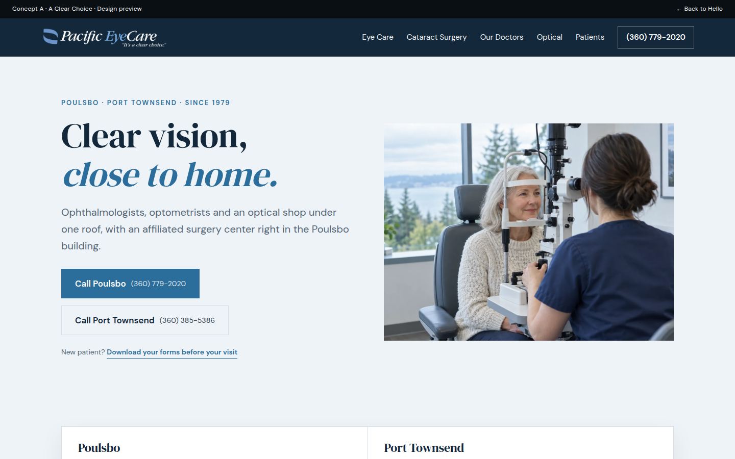 A Clear Choice concept with a white and navy split hero, an exam-room photo and Poulsbo and Port Townsend call buttons