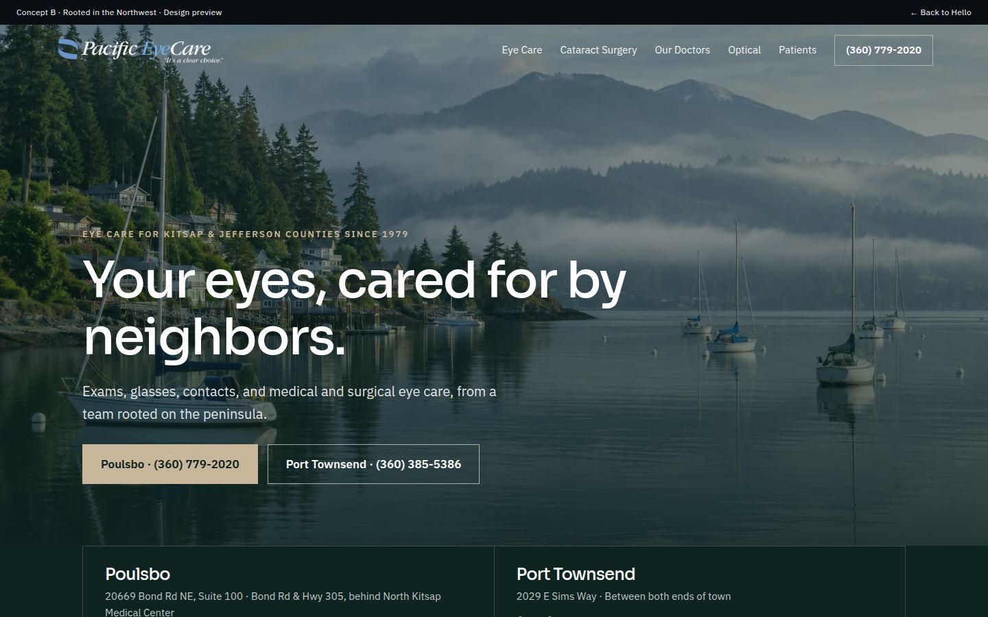 Rooted in the Northwest concept with a full-width harbor photo hero and evergreen palette
